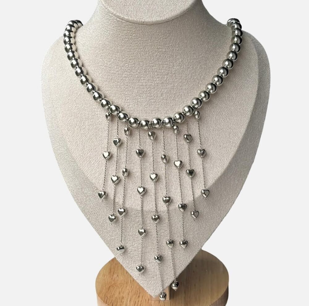 Silver Alloy Heart Cascade Choker Necklace